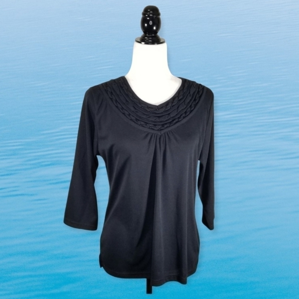 La Madona Women's Top Size M Black Polyester Knit Ornate V-neck Collar